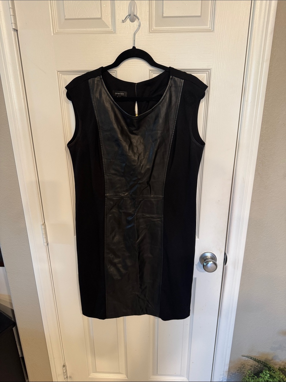 Spense Black Sleeveless Faux Leather Panel Sheath Dress